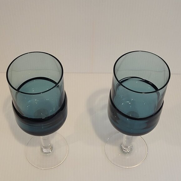 Pier 1 Goblet Blue Water 12 Oz Double Dip Mouth Blown MCM Style Wine Glass Pair - Picture 3 of 12